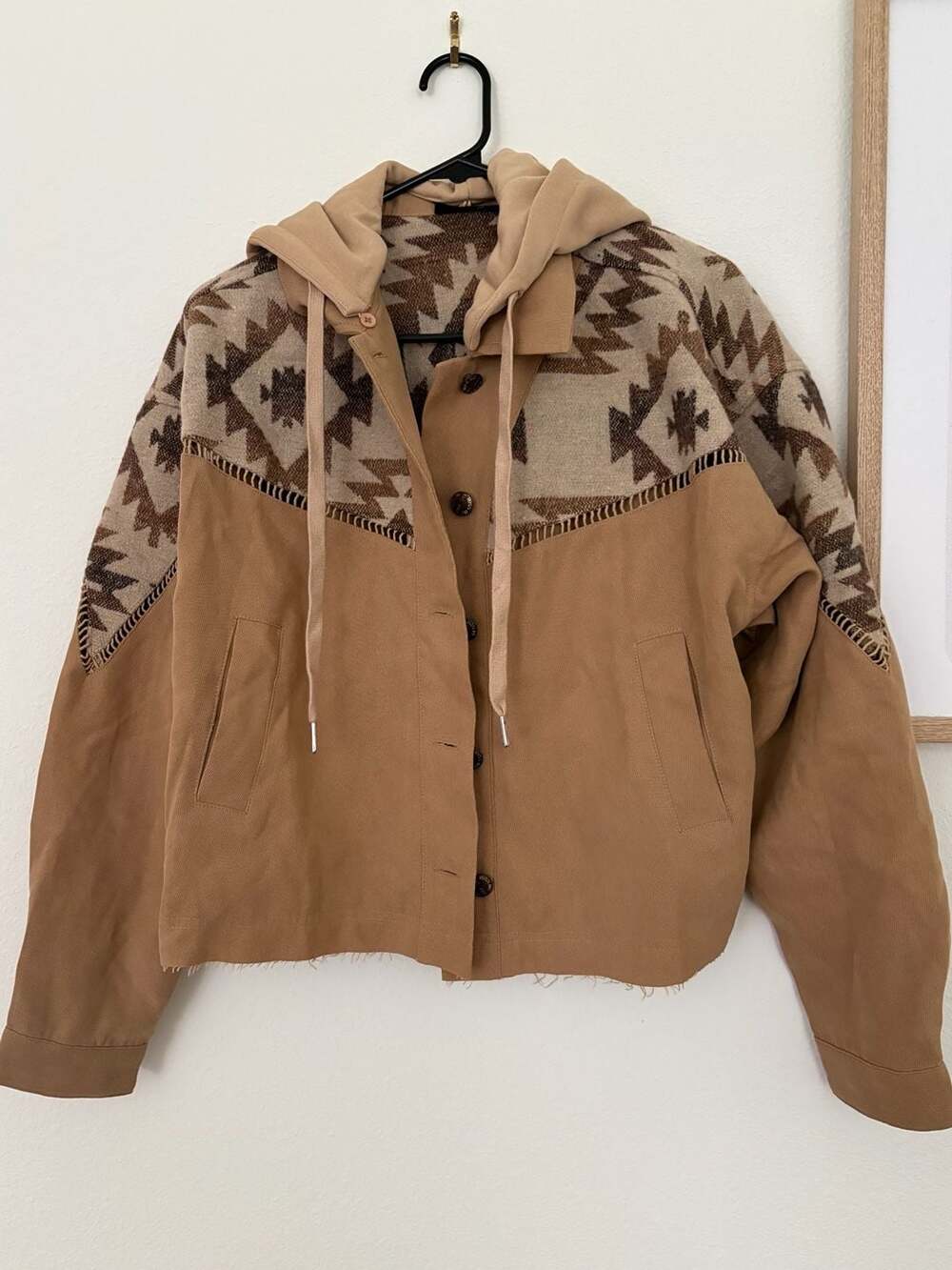 Miss Me Aztec Print Hooded Jacket Size Small Tan Brown